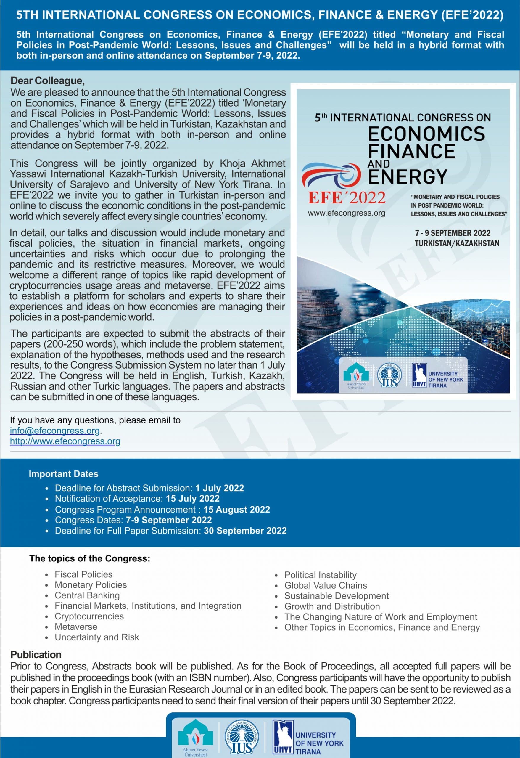 5th International Congress on Economics, Finance & Energy (EFE’2022)